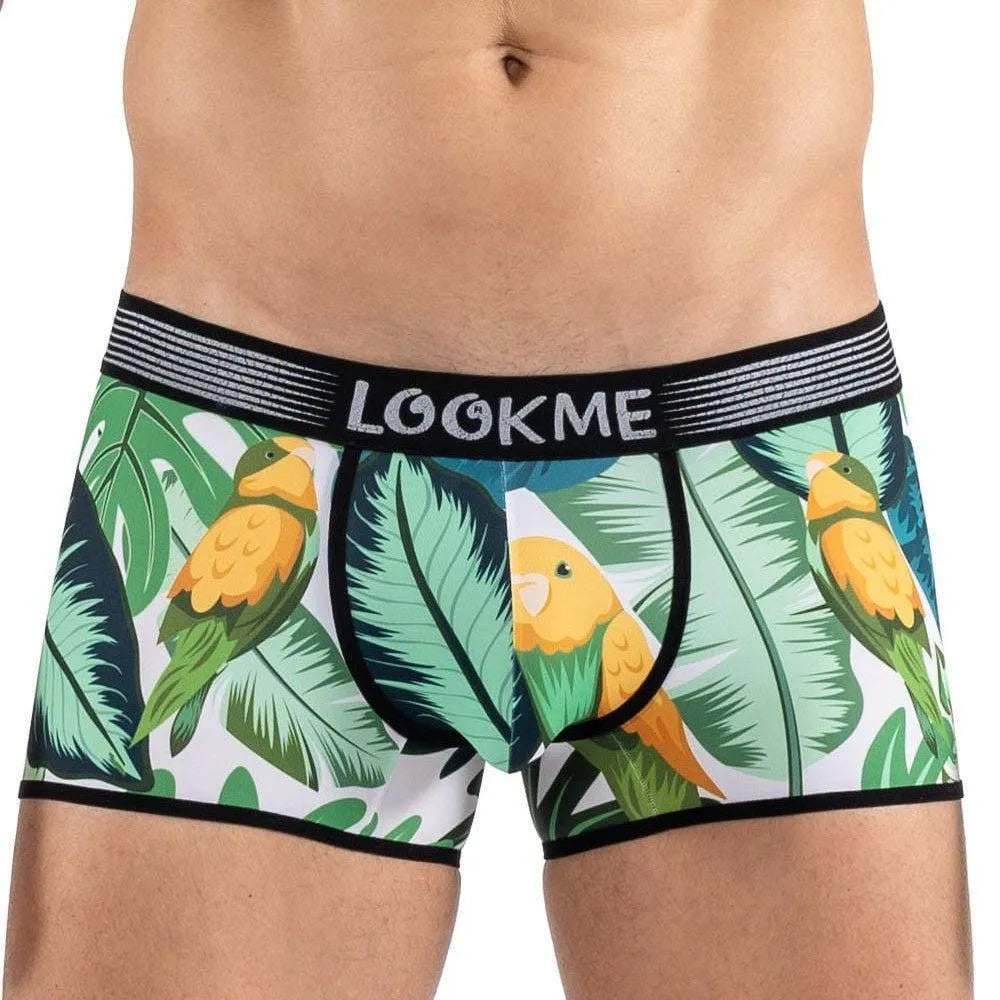 boxer homme exotique imprimé oiseau chanteur confortable large ceinture élastiquée logo marque matériaux polyester élasthanne douceur élasticité maintien quotidien sexy