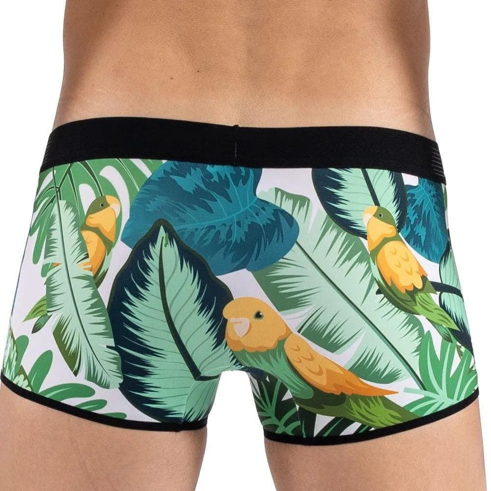 Boxer homme imprimé oiseaux exotiques verts et jaunes, ceinture noire élastiquée, confort et style Lookme.