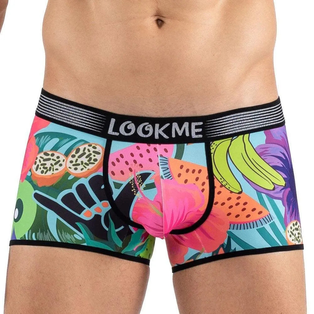 Boxer exotique multicolore confortable imprimé fruits fleurs tropical ceinture élastiquée logo maintien optimal polyester élasthanne durable