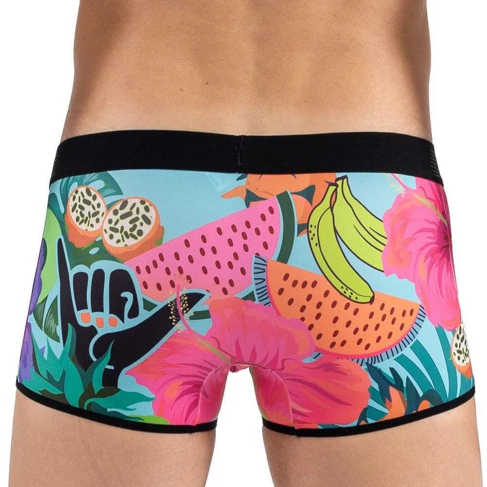 Boxer exotique multicolore avec imprimé fruits et fleurs tropicales, ceinture élastiquée noire, design Lookme.