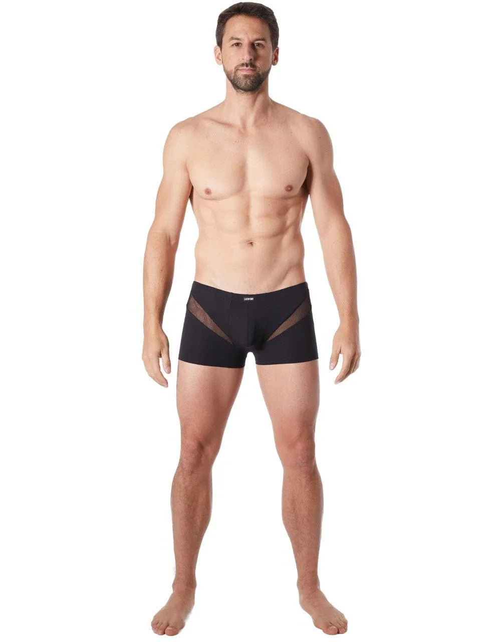 Boxer homme noir court, résille en V, coupe ajustée, polyester élasthanne, confort et séduction, modèle Wave.