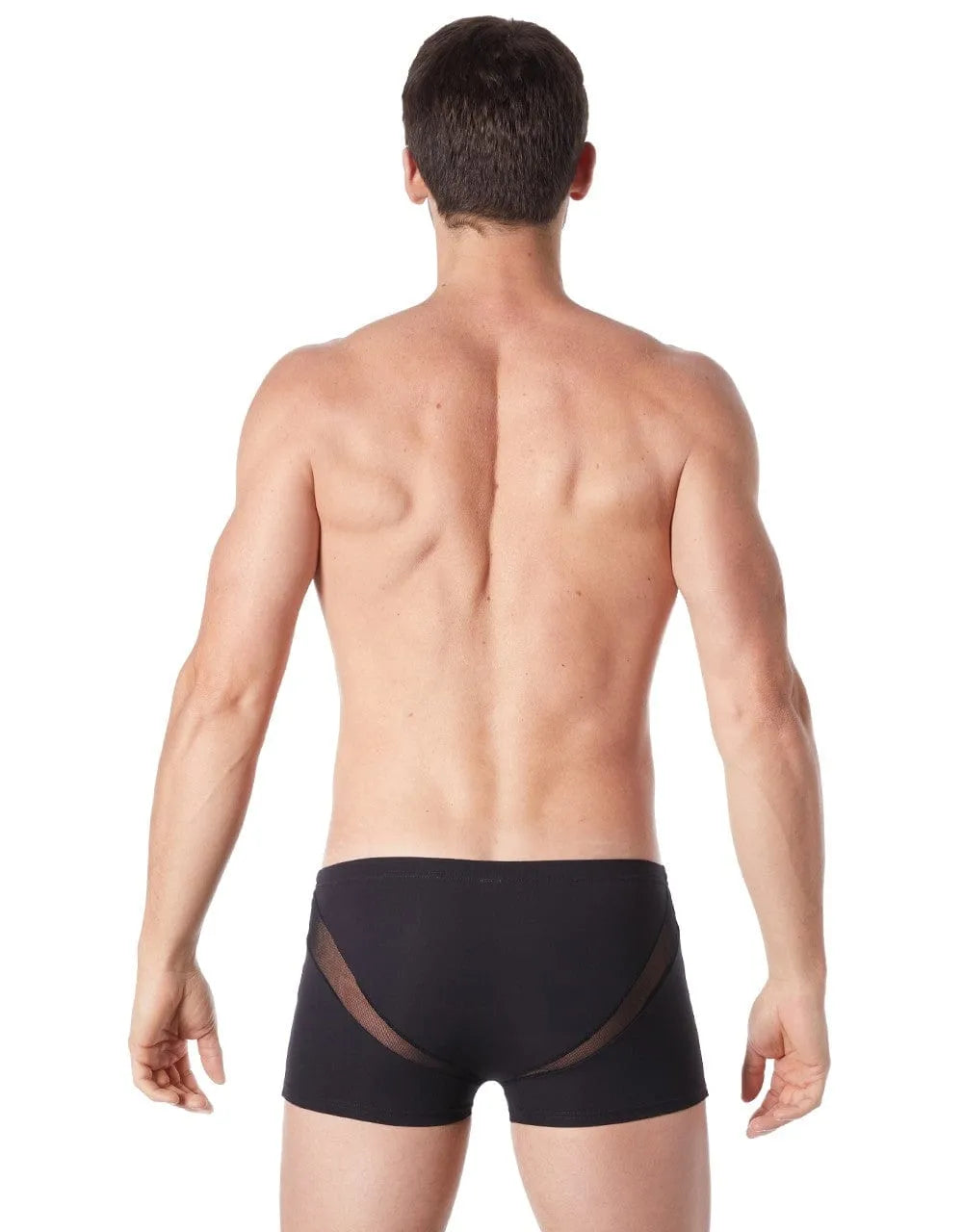 Boxer homme noir court, résille en V arrière, coupe ajustée, polyester élasthanne, style glamour et confortable.