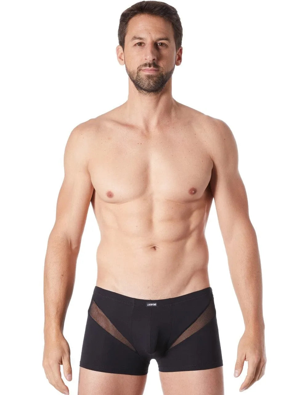 Boxer homme noir court, résille en V frontale et arrière, coupe ajustée, polyester élasthanne, style glamour et confortable.