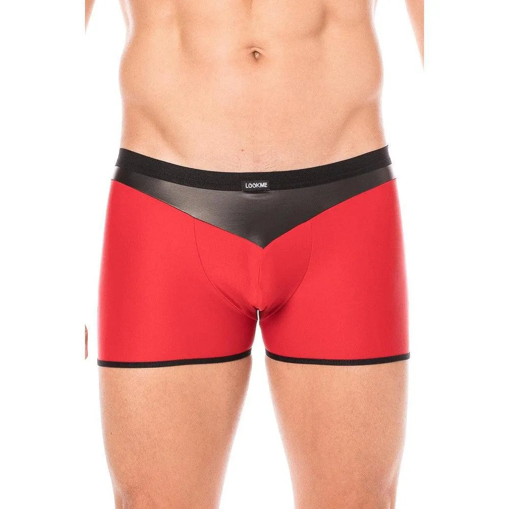 Boxer Homme Moulant Rouge Tissu Doux Opaque Bande Simili Cuir Pointe Noir Confort Audacieux Design Extensible Polyester Elasthanne