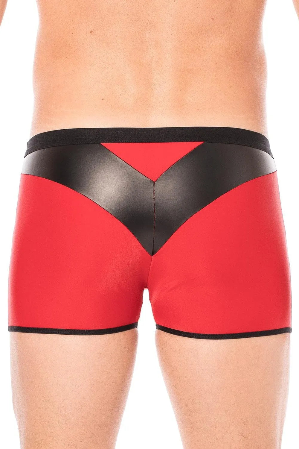 Boxer moulant rouge homme, bande simili cuir noire en pointe, tissu doux et opaque, design audacieux et confortable.