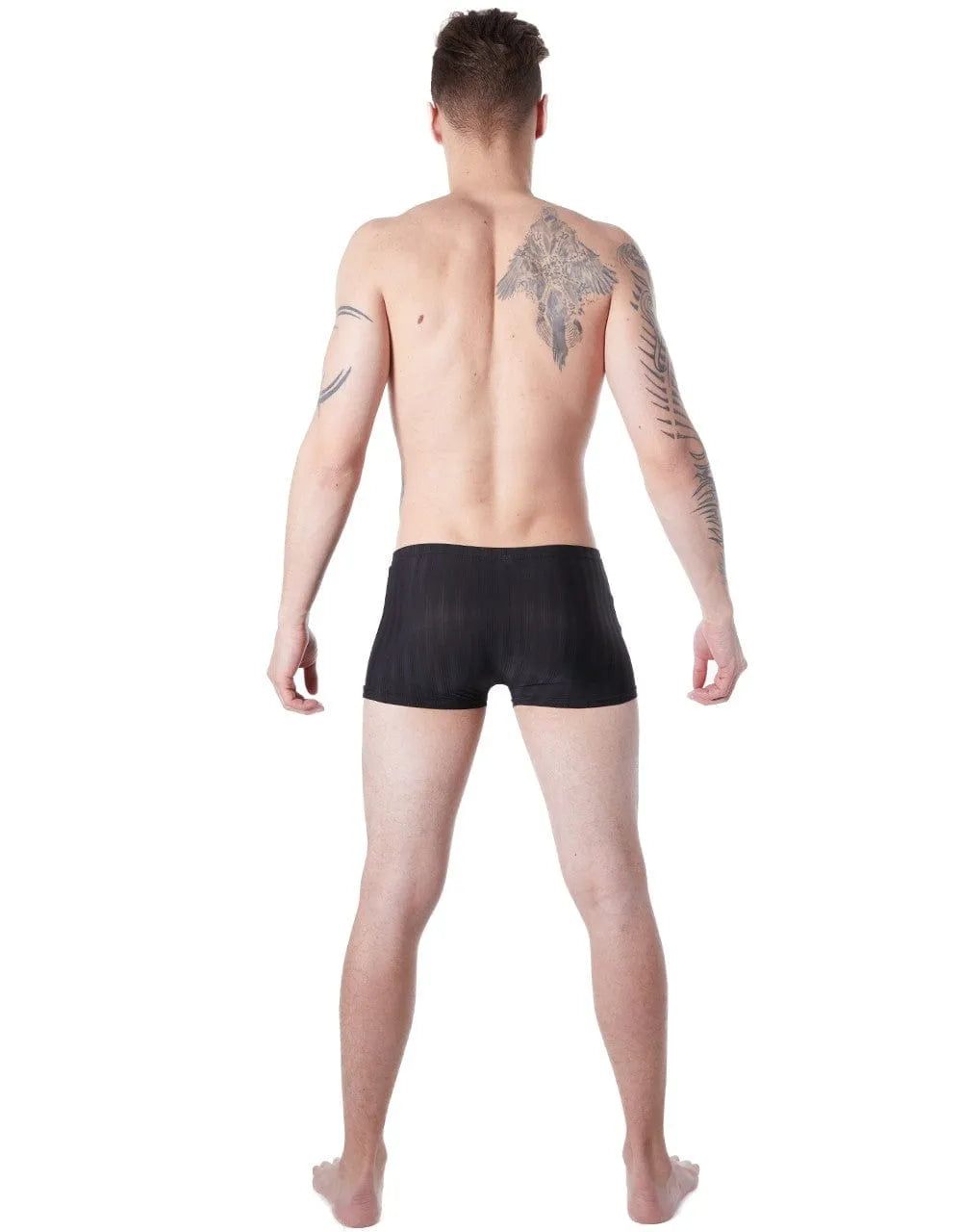 Boxer homme noir moulant à rayures ton sur ton, extensible et confortable, en polyester et élasthanne, vue de dos.