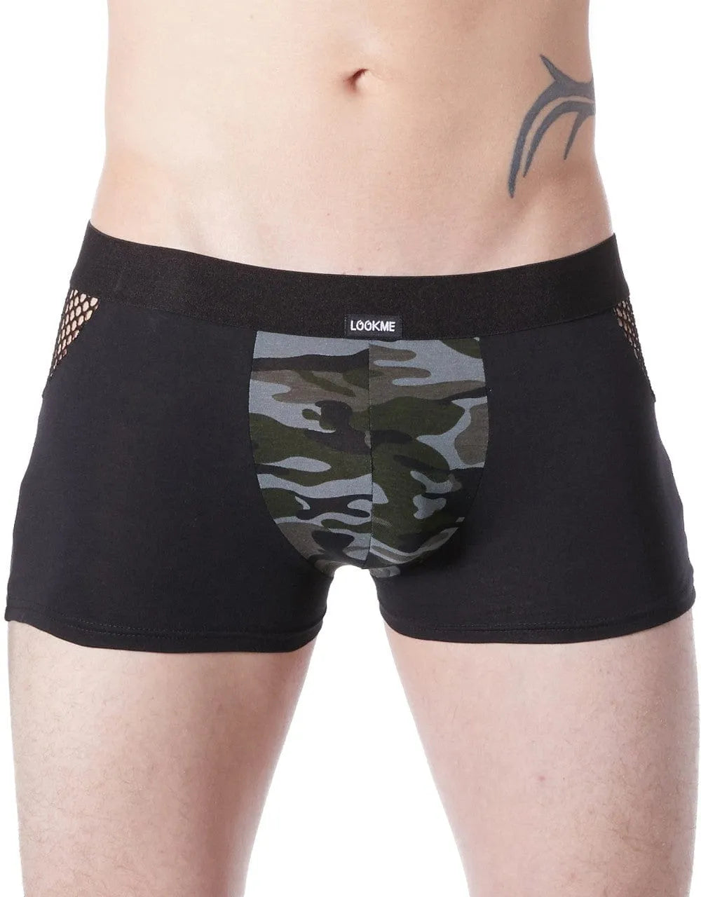 Boxer Homme Noir Camouflage Sexy Coton Confort Respirant Ajusté Ceinture Élastique Résille Latérale Maille Polyamide Élasthanne