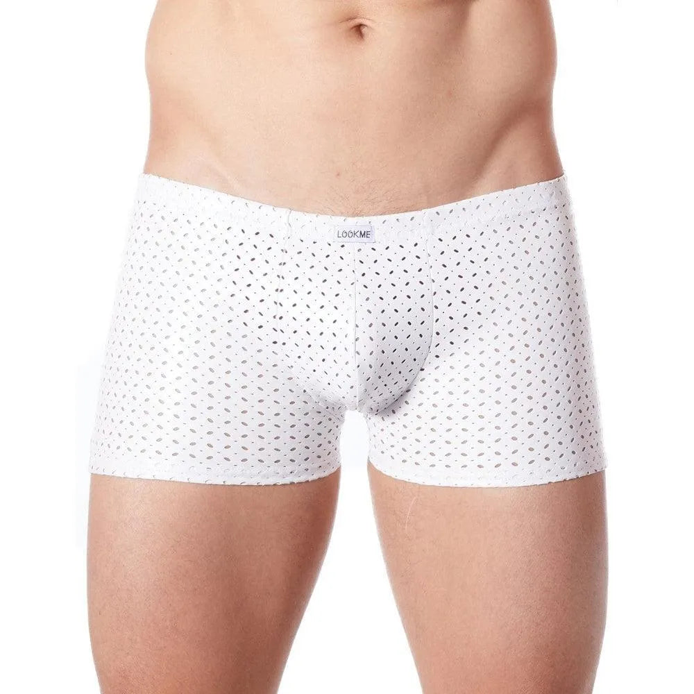 Boxer Homme Original Moulant Sexy Séducteur Blanc Vinyle Luxueux Fétichiste Ajouré Petits Trous Discrets Polyester Confortable Maintien Érotique