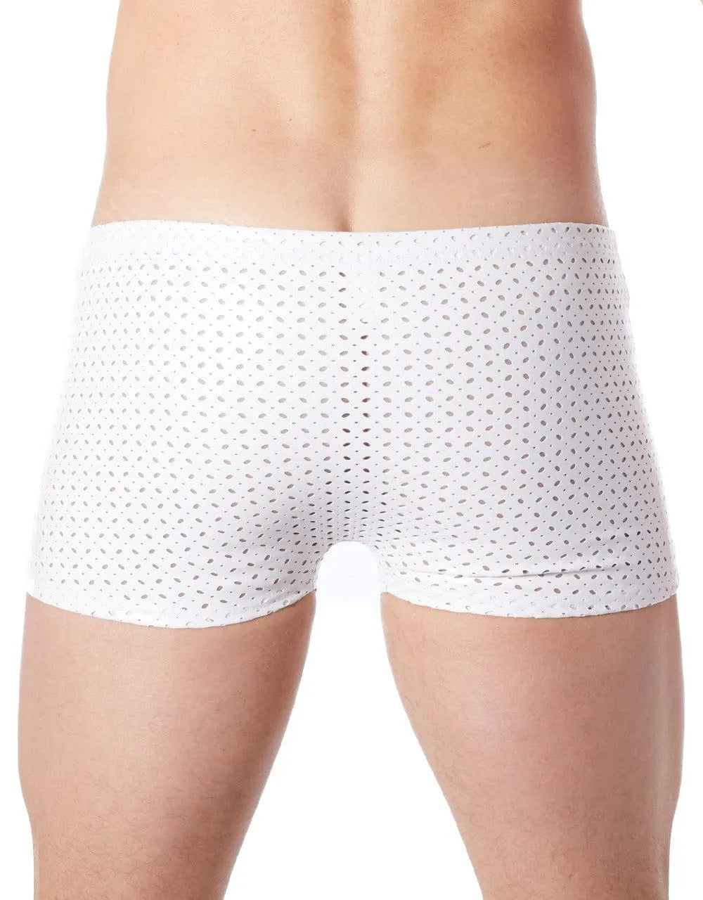Boxer homme blanc vinyle ajouré, moulant et sexy, petits trous discrets, polyester confortable, style fétichiste.