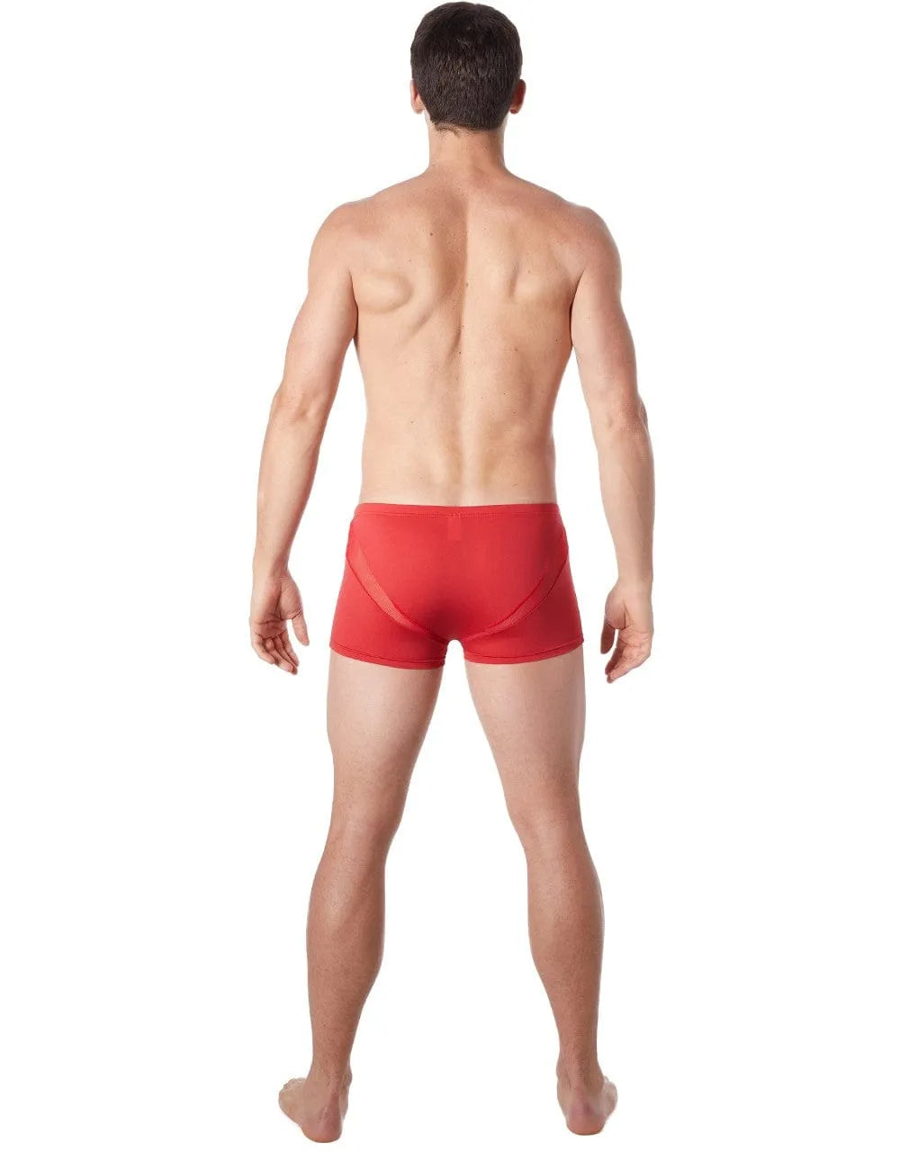 Boxer homme rouge sexy avec bandes en V résille, coupe confortable, polyester élasthanne, vue arrière.