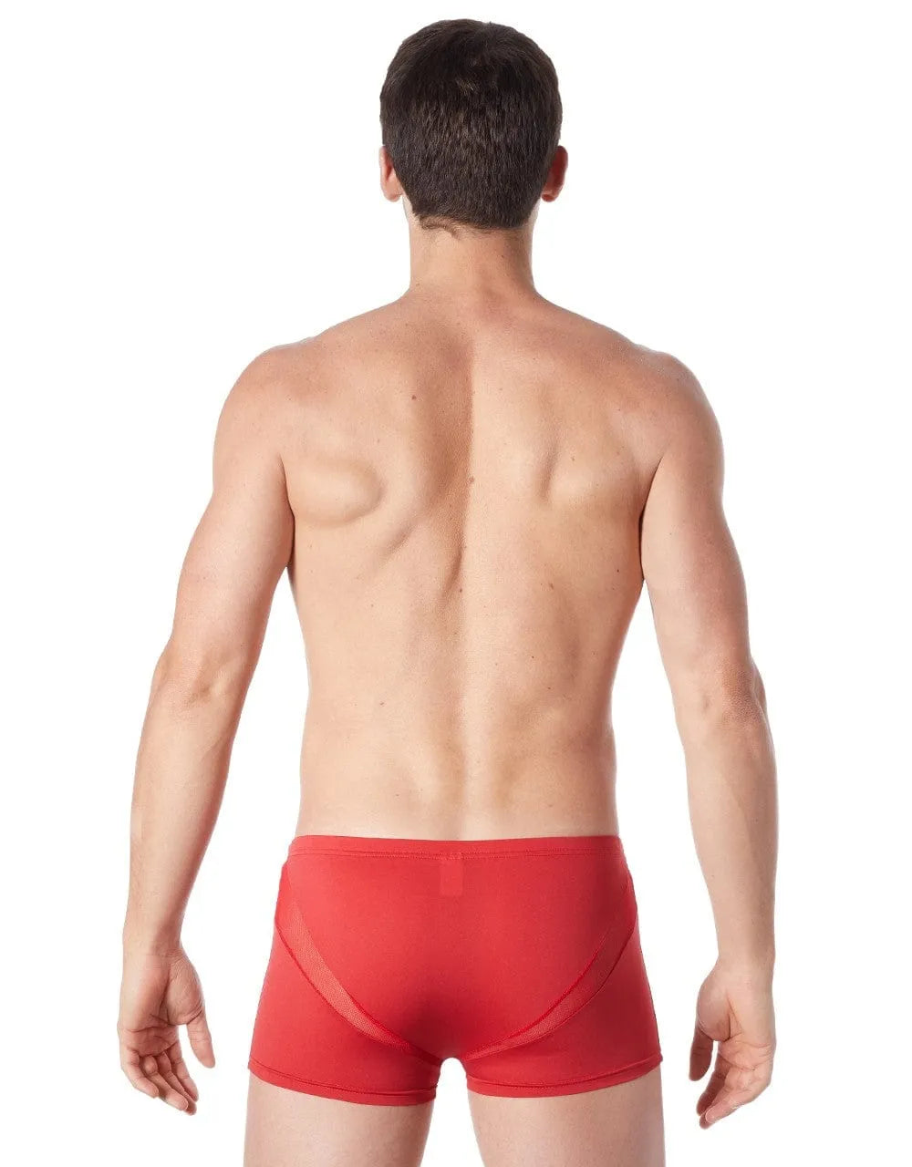 Boxer rouge homme, coupe confortable, bandes en V résille, polyester élasthanne, style glamour et séduction.