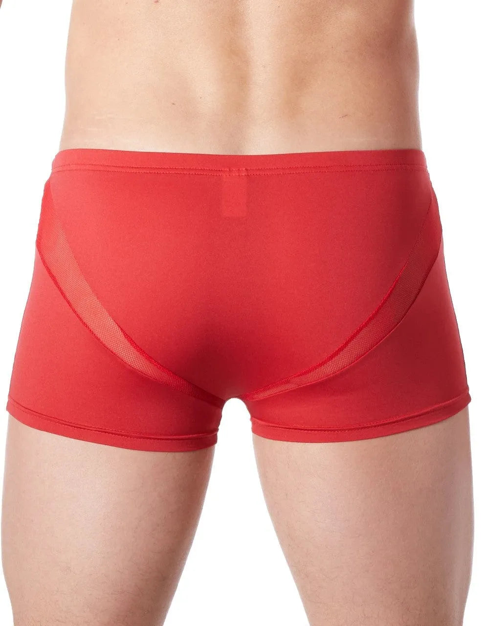 Boxer homme rouge sexy, coupe confortable, bandes en V résille, polyester élasthanne, style glamour et doux.