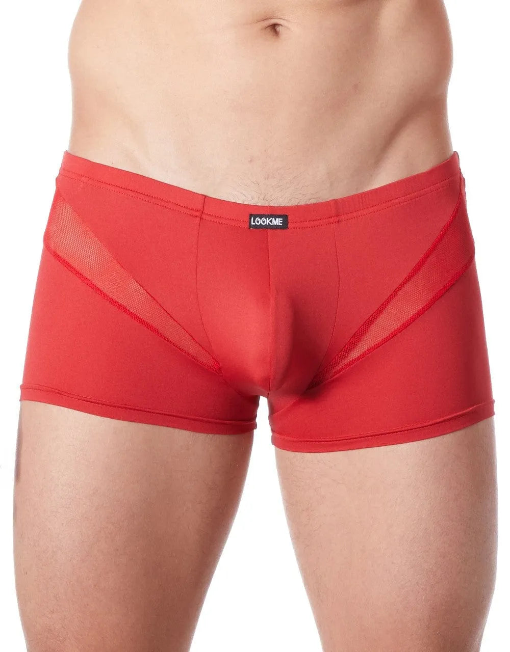 Boxer homme rouge sexy avec bandes en V résille, coupe confortable, polyester élasthanne, style glamour et séduisant.