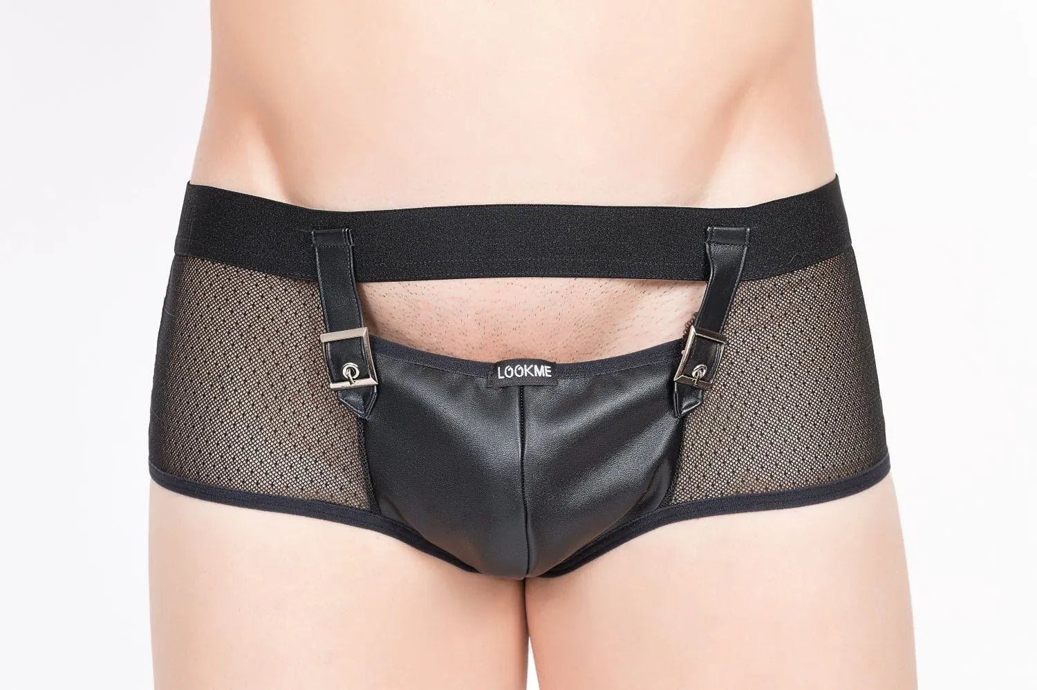 Boxer homme noir ouvert devant, ceinture large, sangles réglables, tissu transparent, polyester élasthanne extensible.
