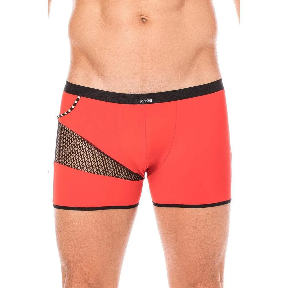 boxer homme rouge sexy branché urbain design polyamide élasthanne extensible moulant opaque filet latéral cordelette sensuel