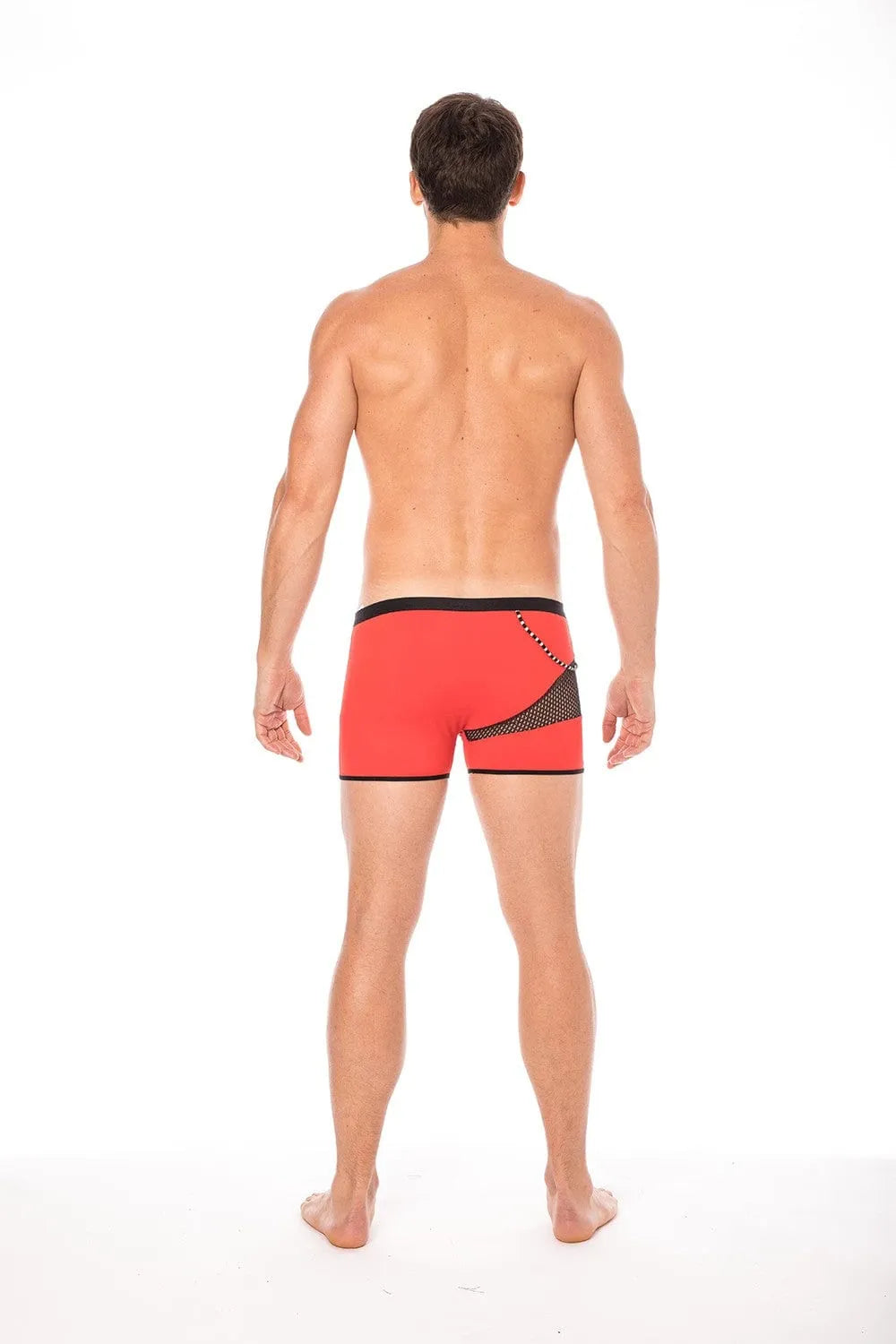 Boxer homme rouge moulant avec filet latéral noir, design urbain sexy, polyamide élasthanne, cordelette sensuelle.