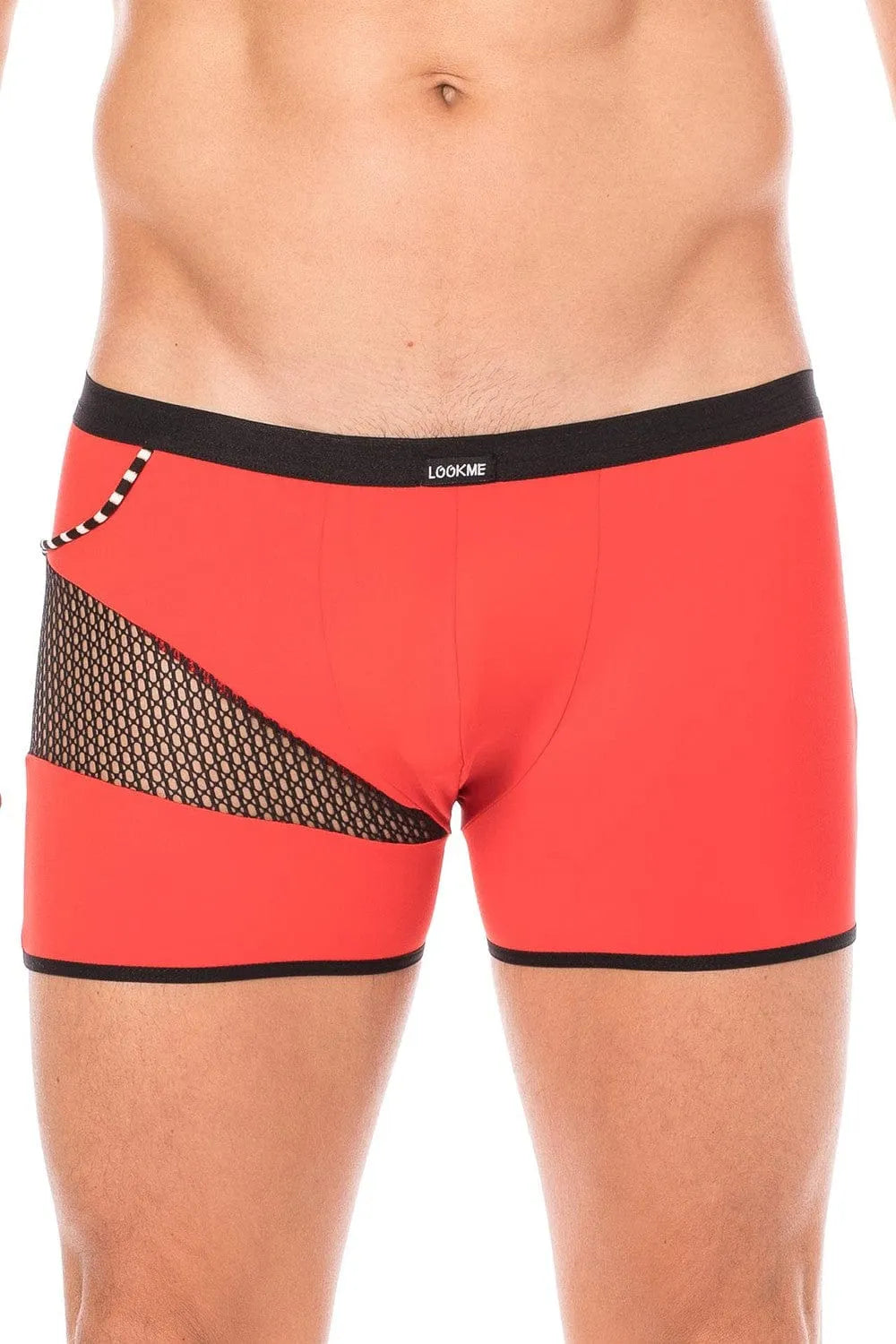 Boxer homme rouge moulant avec filet latéral noir, design urbain sexy, cordelette décorative, style moderne et tendance.