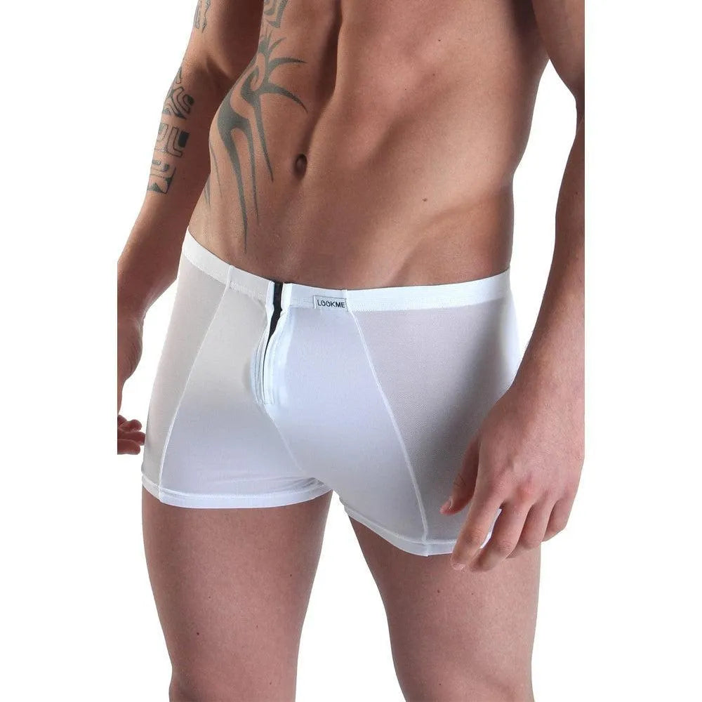 Boxer homme sexy blanc double fermeture glissière avant arrière alternance opaque transparent polyamide élasthanne extensible confortable moulant audacieux sensuel
