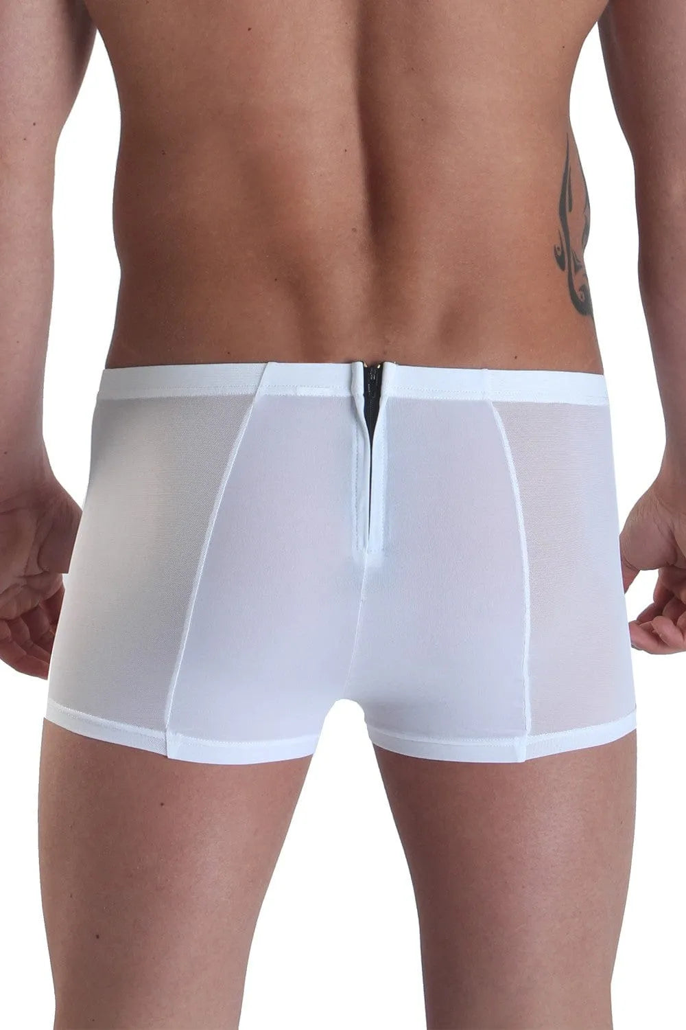 Boxer homme blanc sexy, double fermeture éclair avant-arrière, alternance opaque-transparent, moulant et confortable.