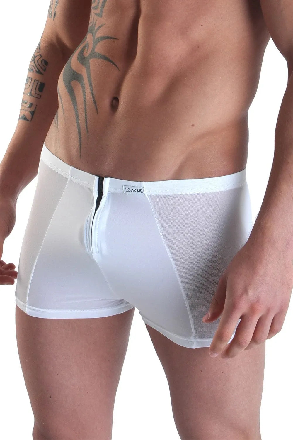 Boxer homme blanc sexy, double fermeture éclair avant-arrière, alternance opaque-transparent, polyamide élasthanne.