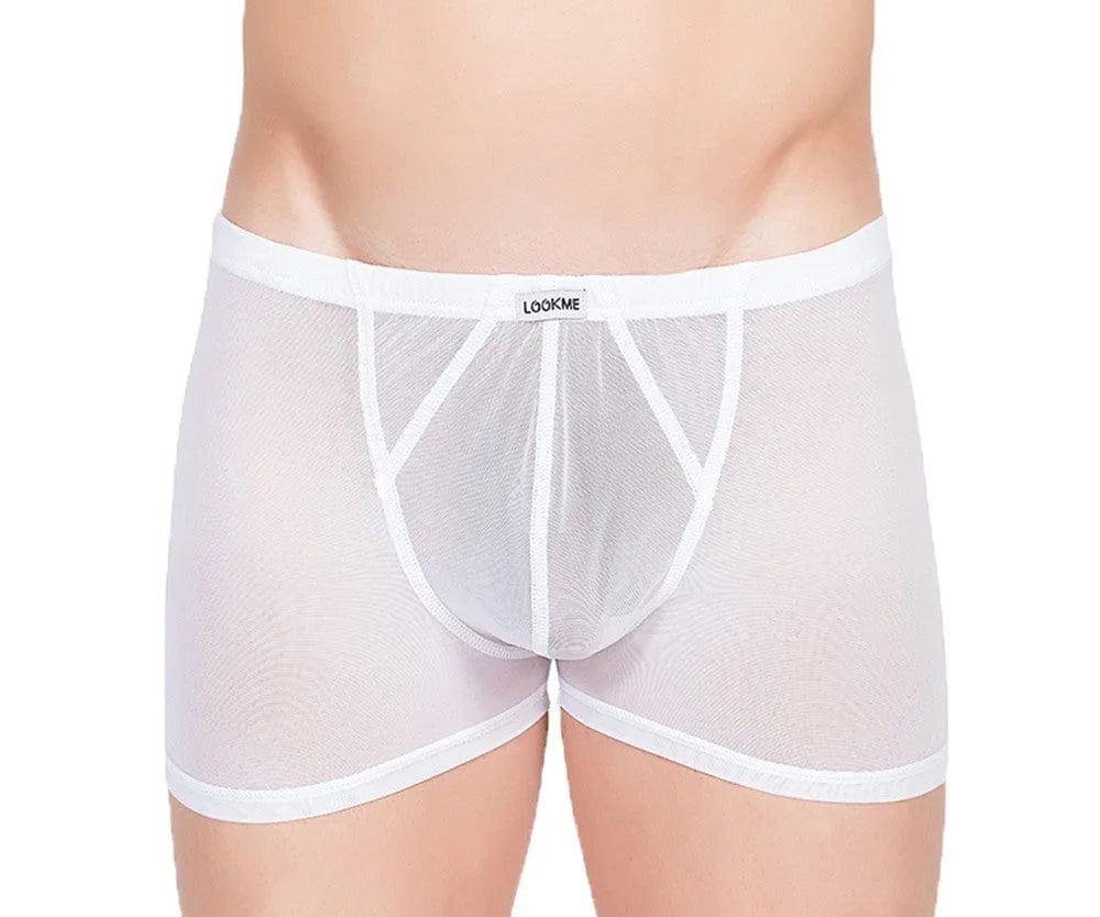 Boxer homme résille blanche, transparent et ajusté, en polyamide et élasthanne, design sexy et confortable de la collectio...