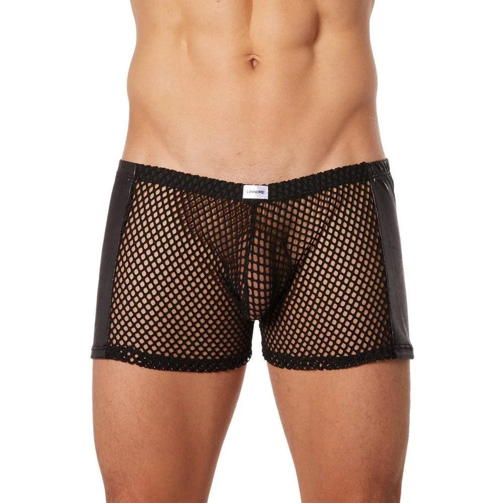 boxer homme noir filet simili cuir sexy érotique moulant ajusté respirant extensible nylon élasthanne séduction transparent couture maintien taille basse