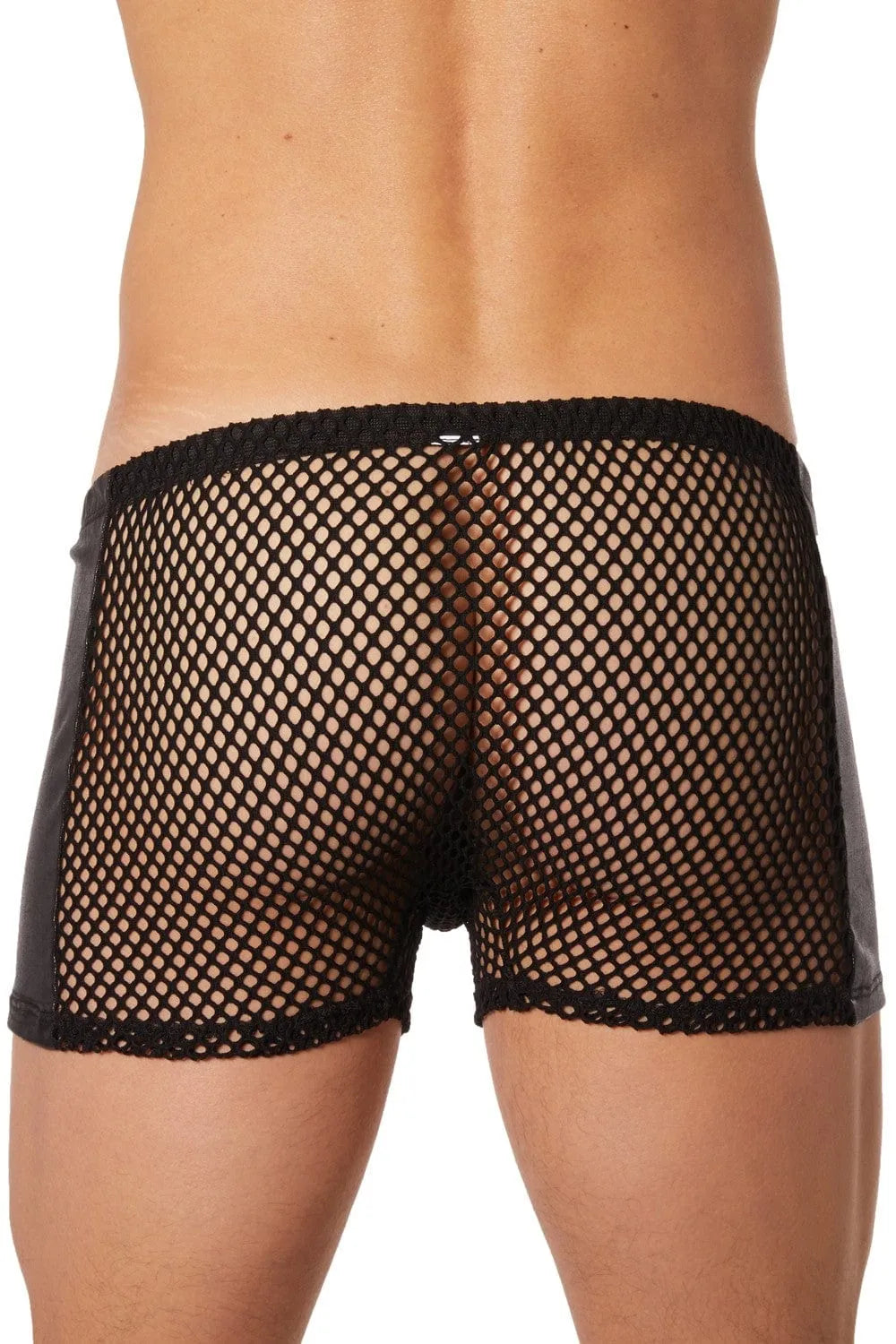 Boxer homme noir filet simili cuir, ajusté, transparent, taille basse, érotique, respirant, nylon élasthanne.
