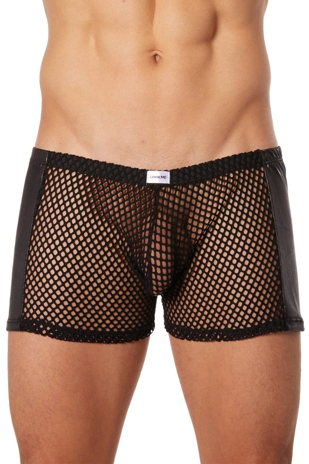 Boxer homme noir filet et simili cuir, ajusté et respirant, style érotique et élégant, taille basse, couture maintien.