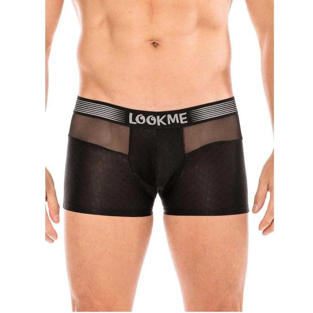 boxer moulant noir slip design ceinture élastique large inscription résille transparente tissu opaque devant arrière confortable coupe parfaite durable