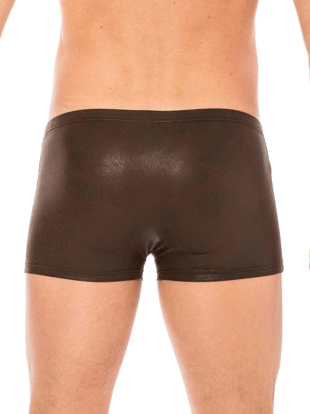 Boxer noir effet simili cuir mouillé, ajusté et extensible, style rock et sensuel, confortable et élégant.