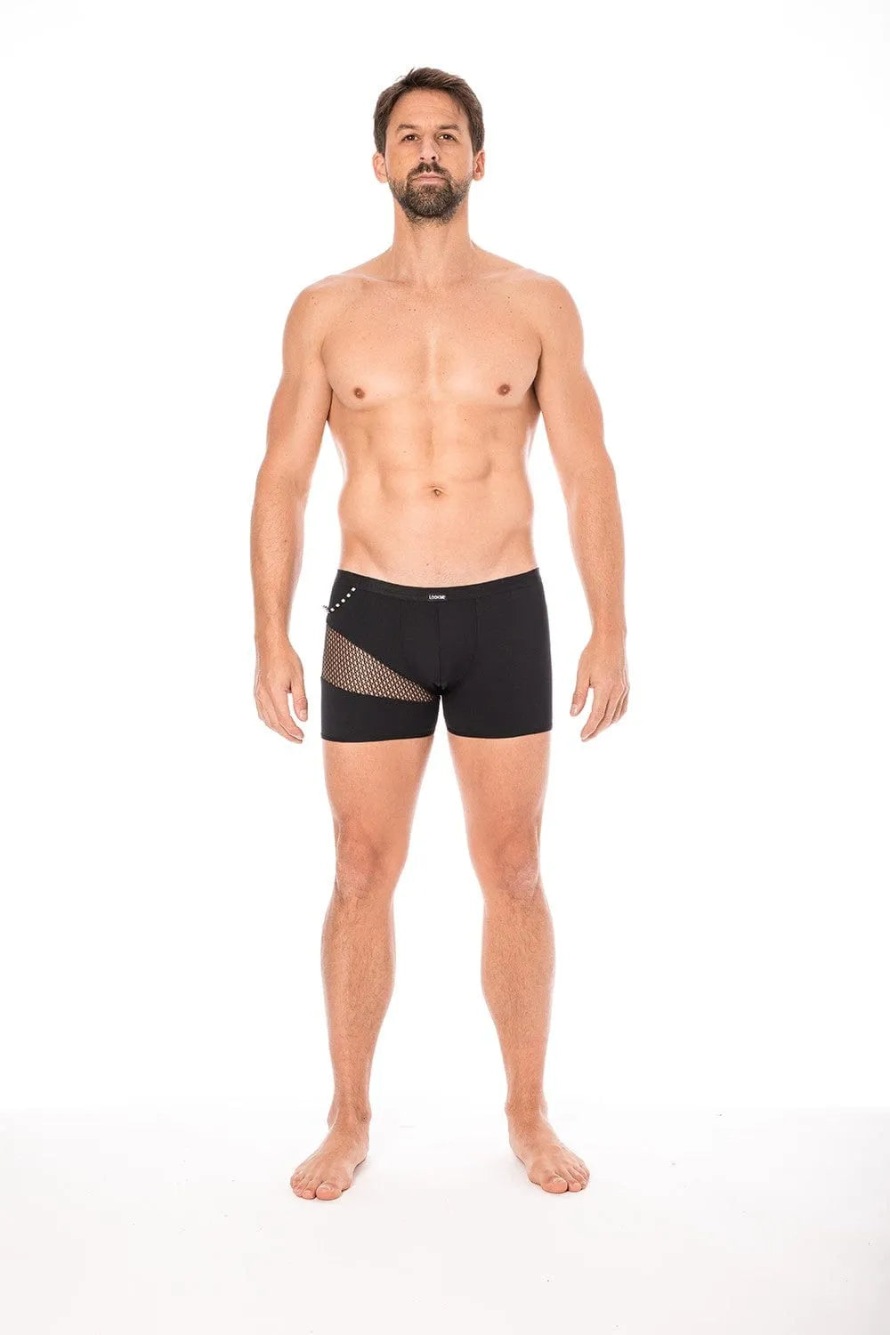 Boxer noir homme avec filet latéral, design moderne et sexy, polyamide élasthanne, collection urbaine tendance.
