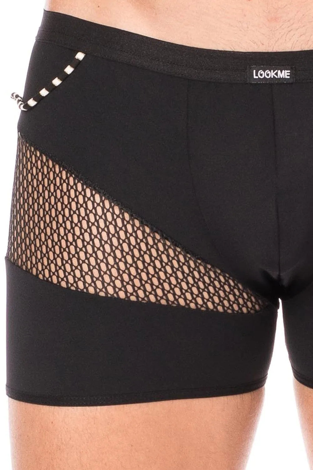 Boxer noir homme design avec filet latéral et cordelette, style urbain sexy, polyamide élasthanne, confortable et tendance.