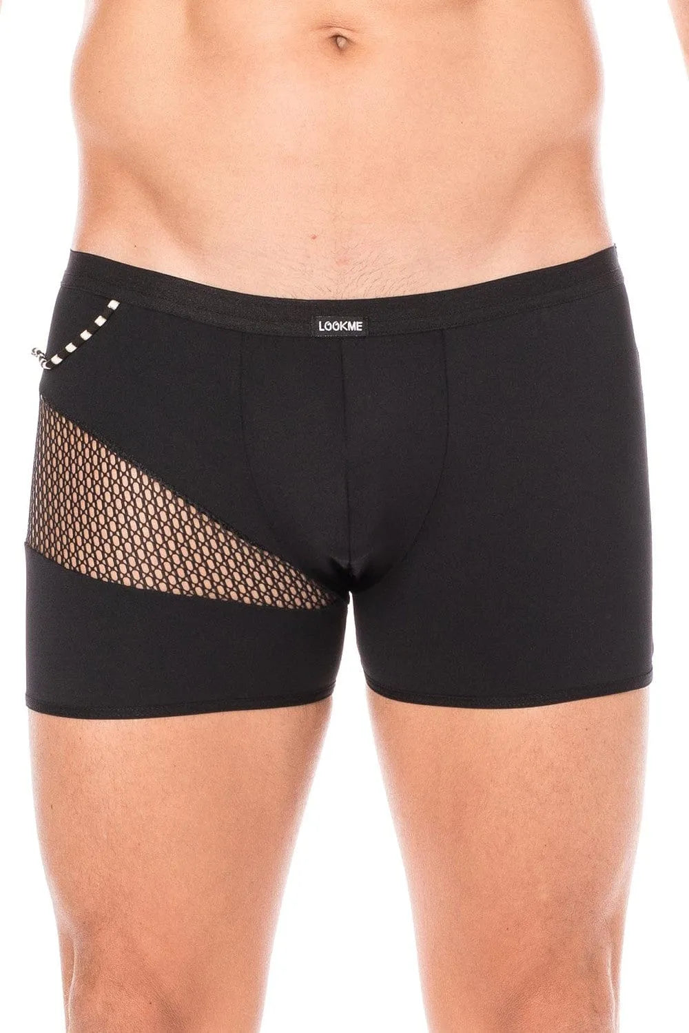 Boxer noir homme sexy, design branché, filet latéral, cordelette, confortable, durable, polyamide élasthanne, urbain.