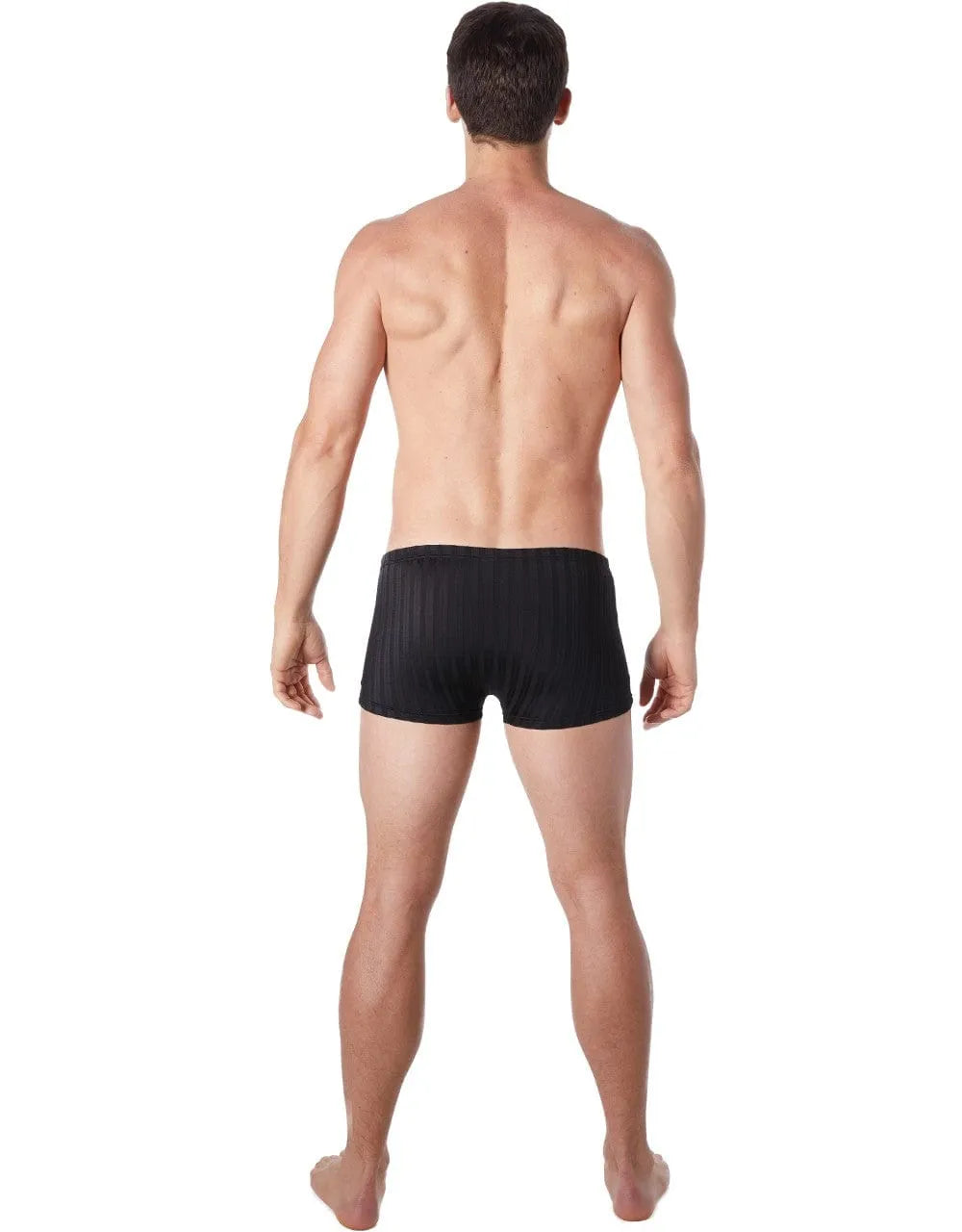 Boxer noir rayé homme, tissu doux extensible, coupe ajustée, finition mate brillante, style moderne et élégant.