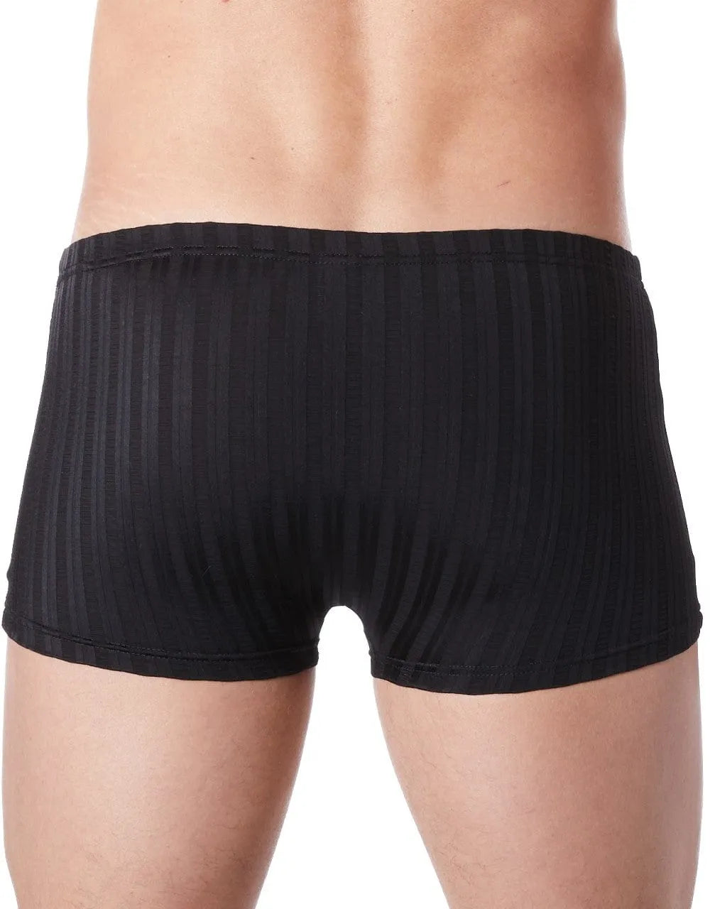 Boxer noir rayé homme, tissu doux extensible, coupe ajustée, finition mate brillante, élégance moderne.