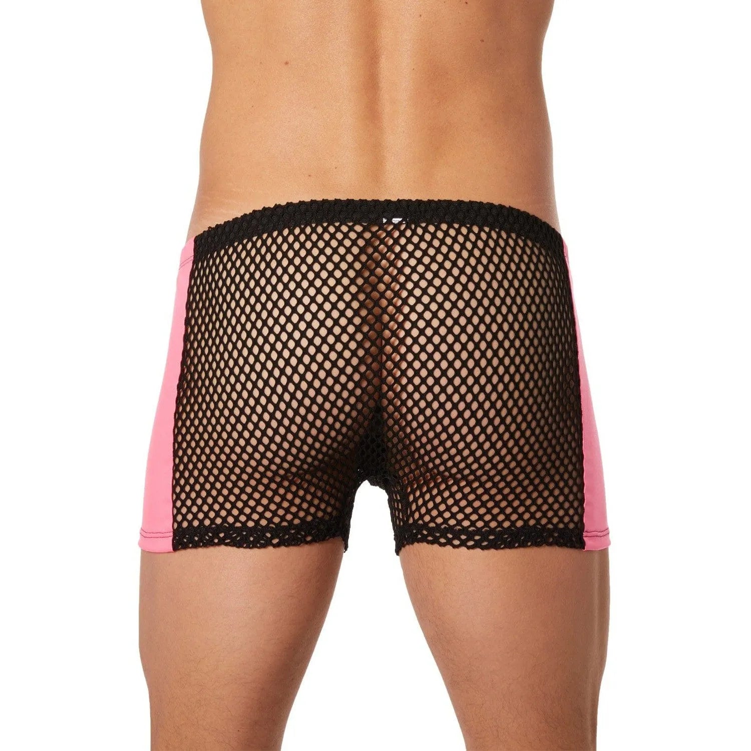 Boxer homme noir filet et simili cuir rose, ajusté, élégant et sensuel, en nylon et élasthanne, vue arrière.