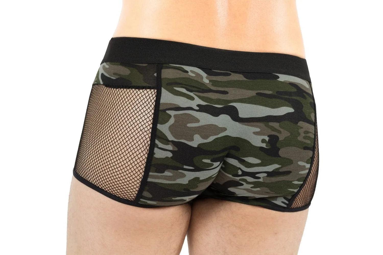Boxer homme imprimé jungle camouflage, semi-transparent, filet sur les côtés, confortable et extensible.