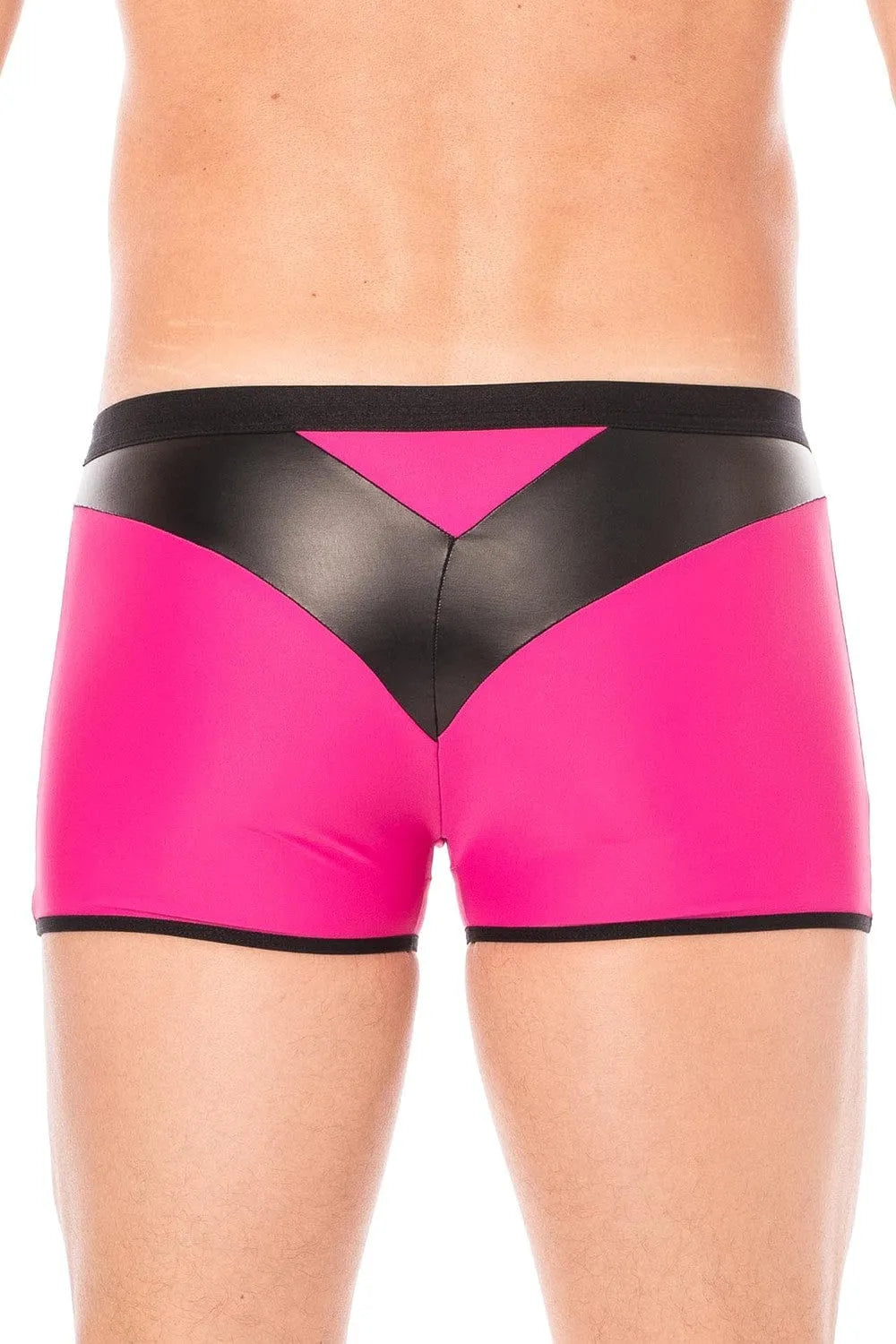 Boxer homme magenta avec bande simili cuir noire pointue, tissu doux extensible, style tendance et audacieux.