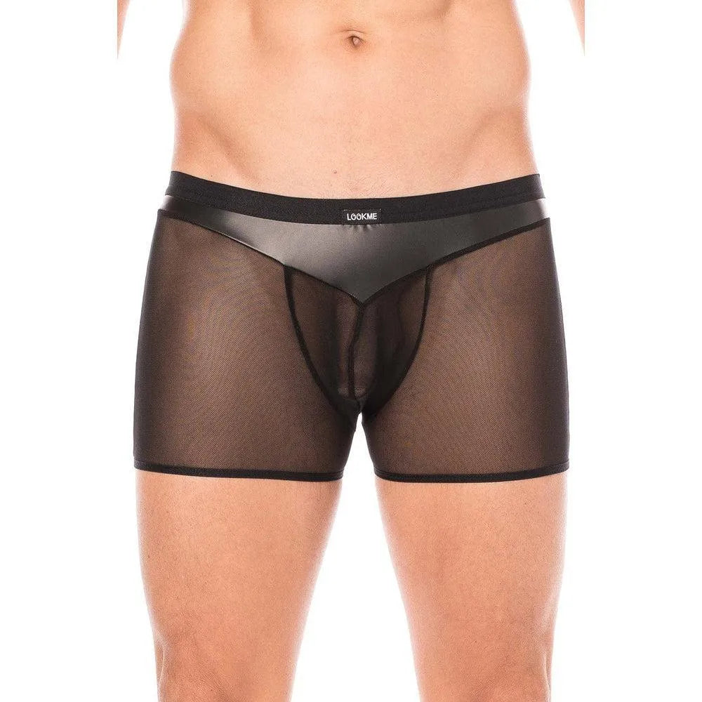 Boxer homme résille simili cuir noir brillant souple poche transparente arrière sexy audacieux ajusté confortable extensible élasthanne polyester