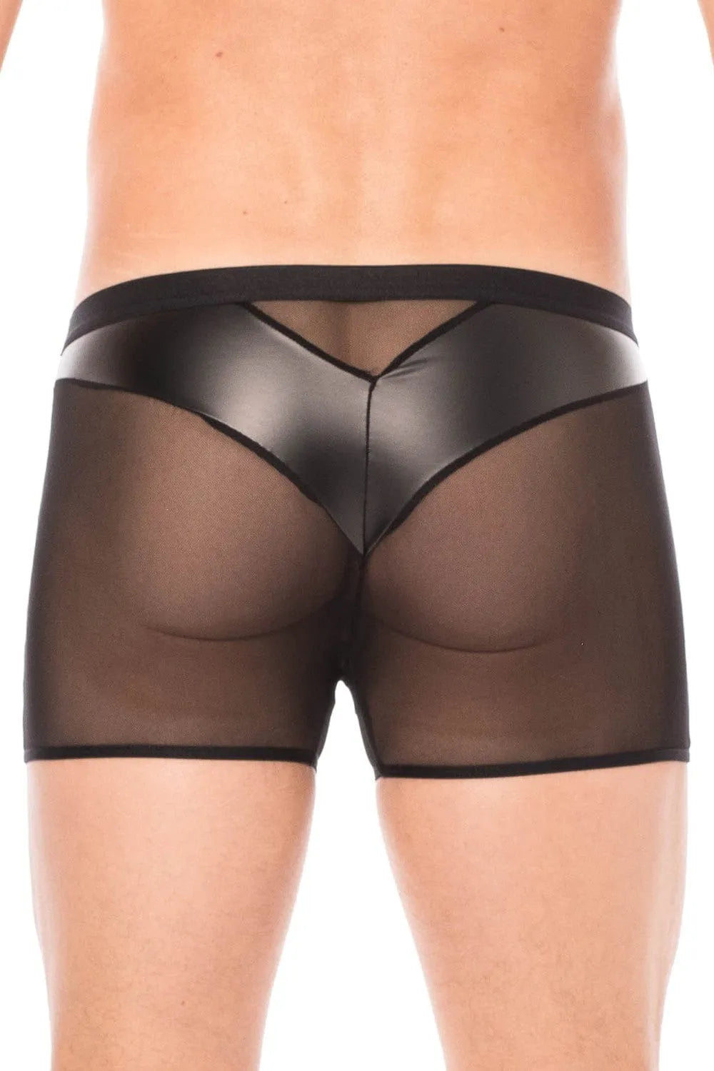 Boxer homme noir résille et simili cuir, poche arrière transparente, ajusté, sexy, extensible, polyester élasthanne.