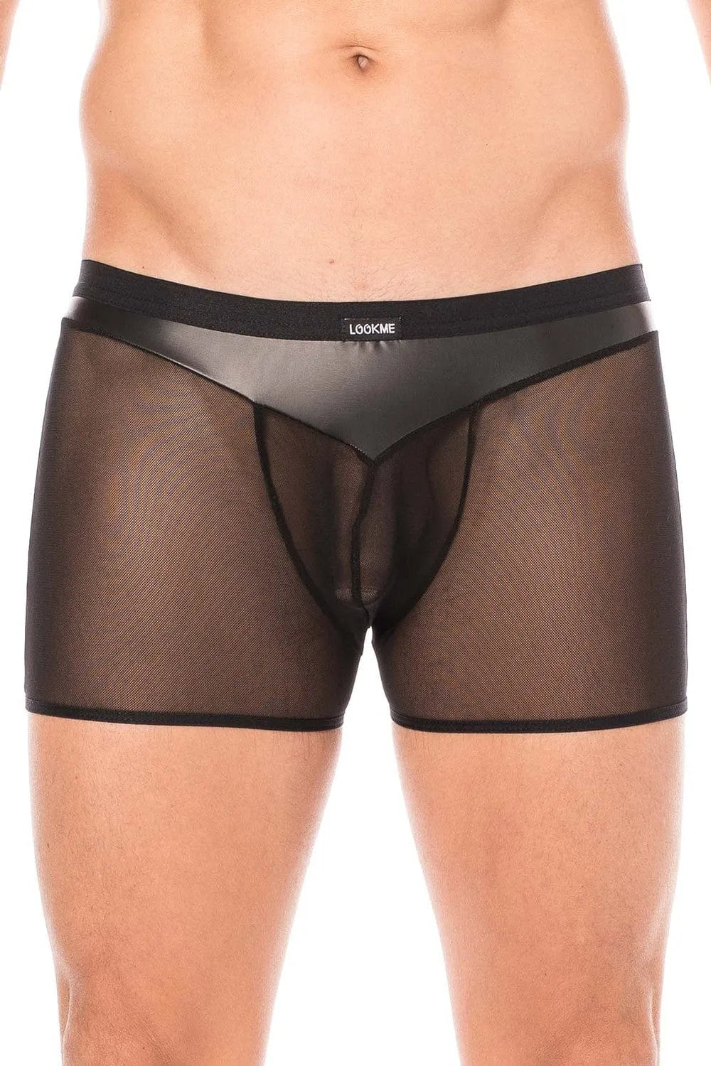 Boxer homme noir résille et simili cuir, poche avant transparente, ajusté, sexy, confortable, polyester élasthanne.
