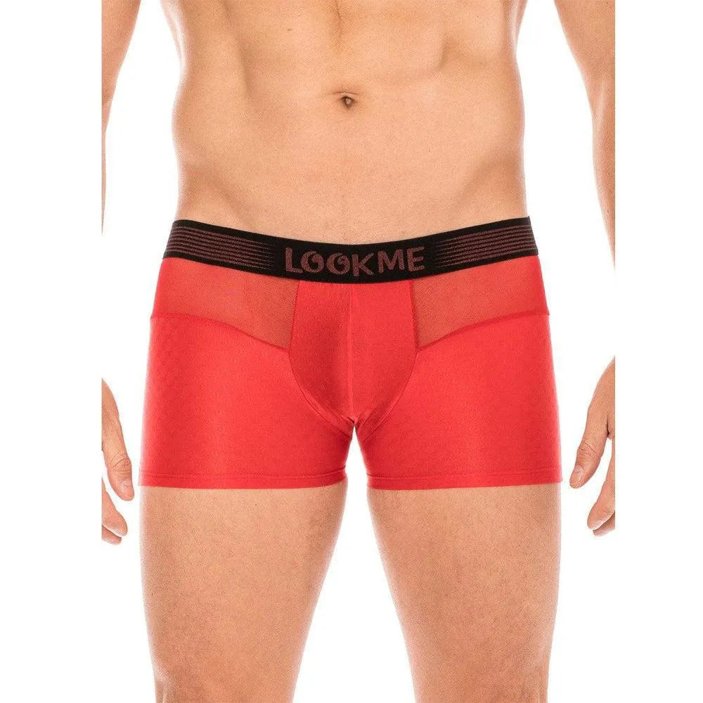 Boxer Rouge Homme Ceinture Élastique Inscription LOOKME Tissu Opaque Résille Transparente Avant Arrière Slip Design Coupe Ajustée Confortable Polyamide
