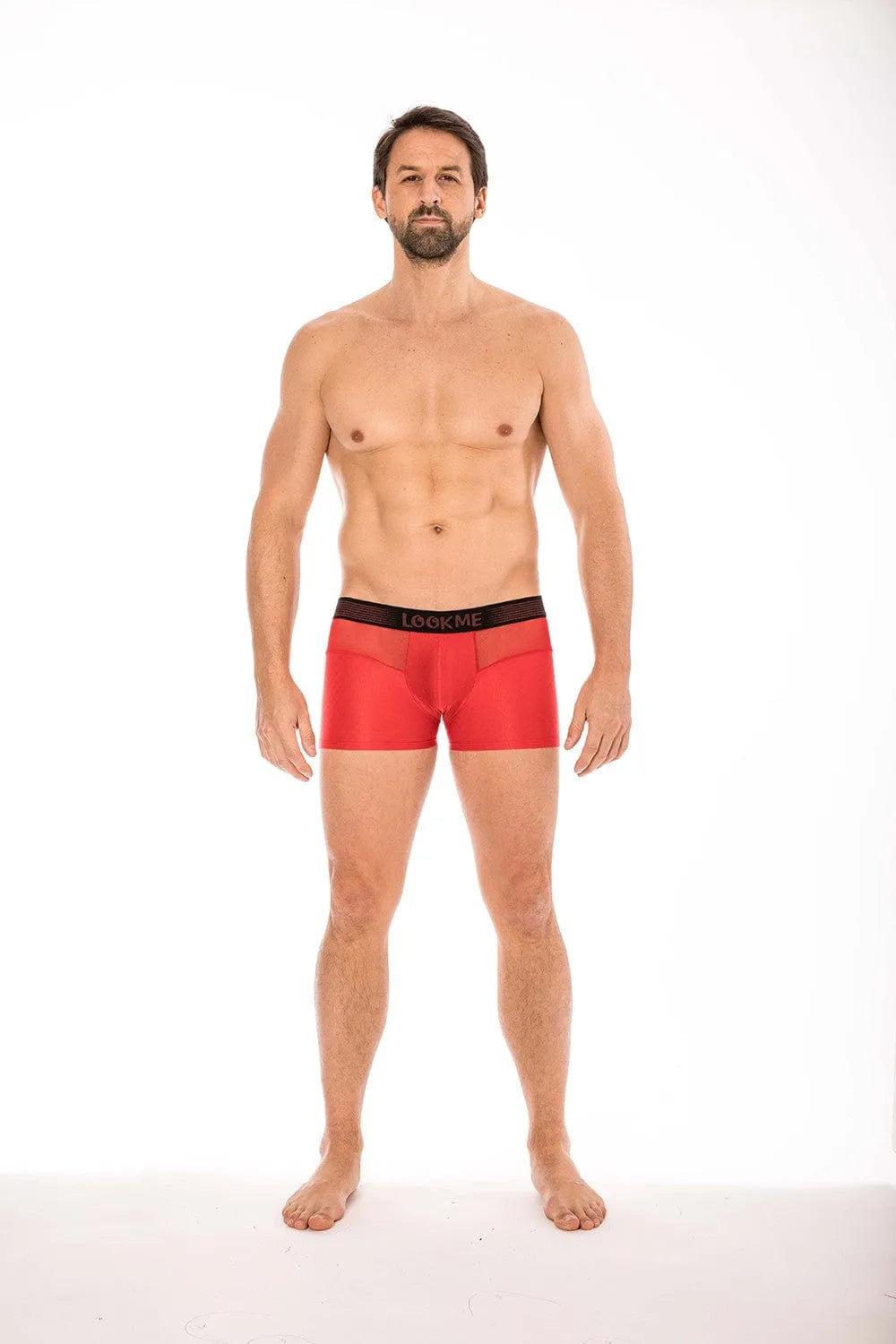 Boxer rouge homme LOOKME, ceinture élastique, résille transparente, polyamide, coupe ajustée, style élégant et confortable.
