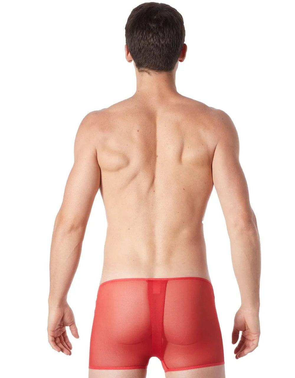 Boxer rouge sexy en maille transparente avec côtés imitation cuir et fermeture éclair avant, style string dos, homme de dos.