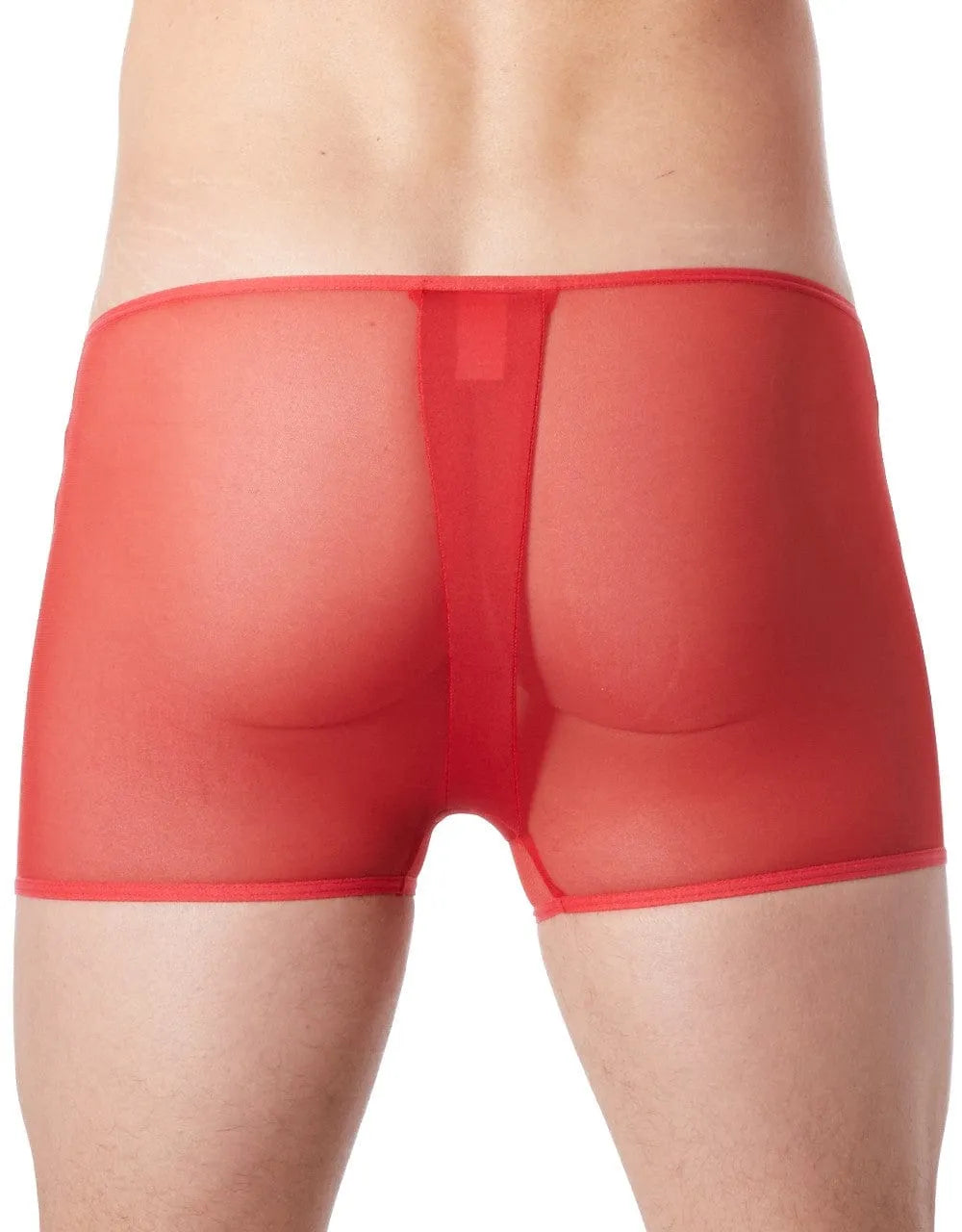 Boxer rouge transparent homme, côtés imitation cuir, fermeture éclair avant, style string dos, polyester élasthanne.