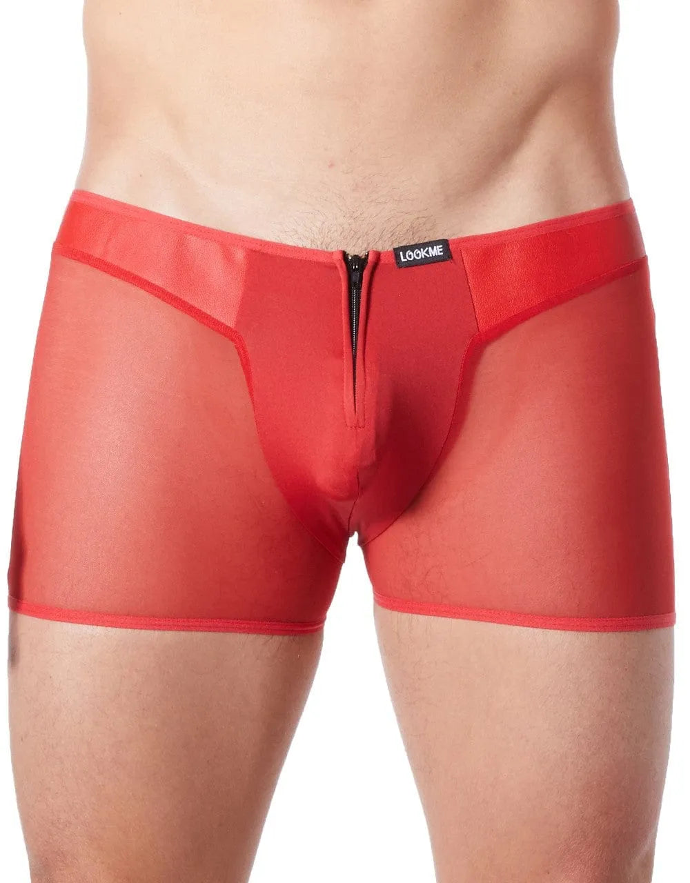 Boxer rouge sexy en maille transparente avec côtés imitation cuir, fermeture éclair avant, style string dos, polyester éla...