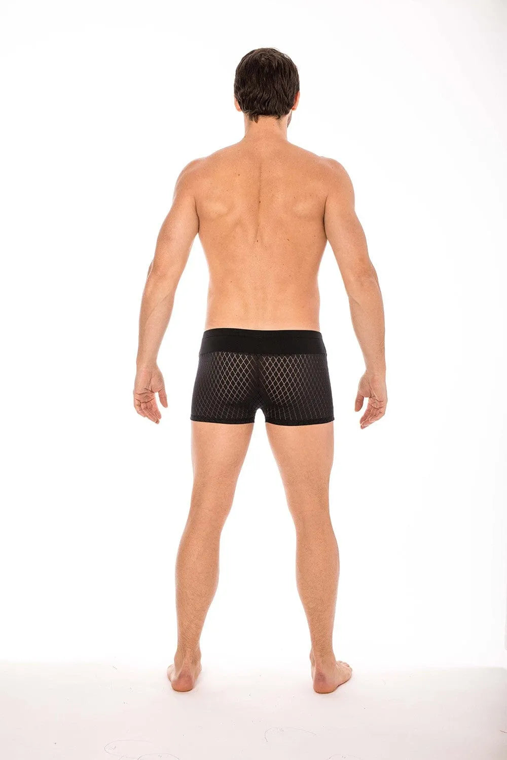 Boxer noir élégant avec ceinture large, tissu ajouré losange, homme de dos, style chic et confortable, LOOKME.
