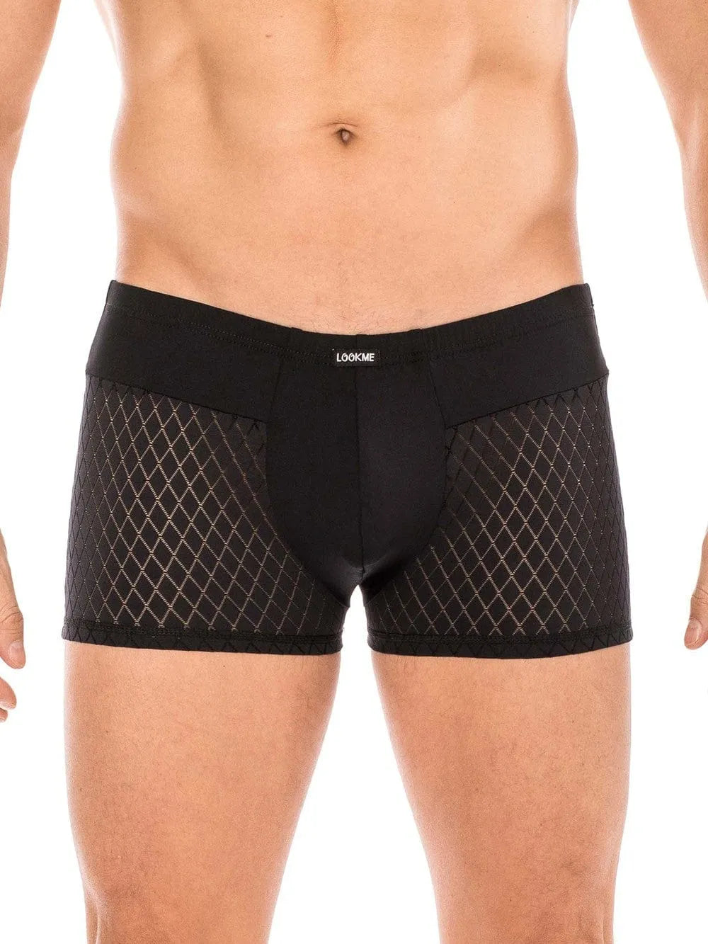 Boxer noir élégant avec ceinture large, tissu ajouré losange, LOOKME, polyamide élasthanne, chic et confortable.