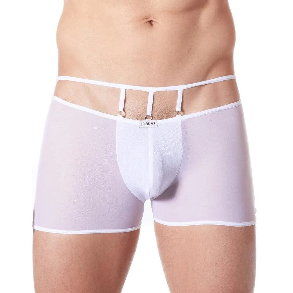 Boxer sensuel blanc homme tissu brillant élégant confortable moulant transparent maille fine extensible maintien raffiné glamour