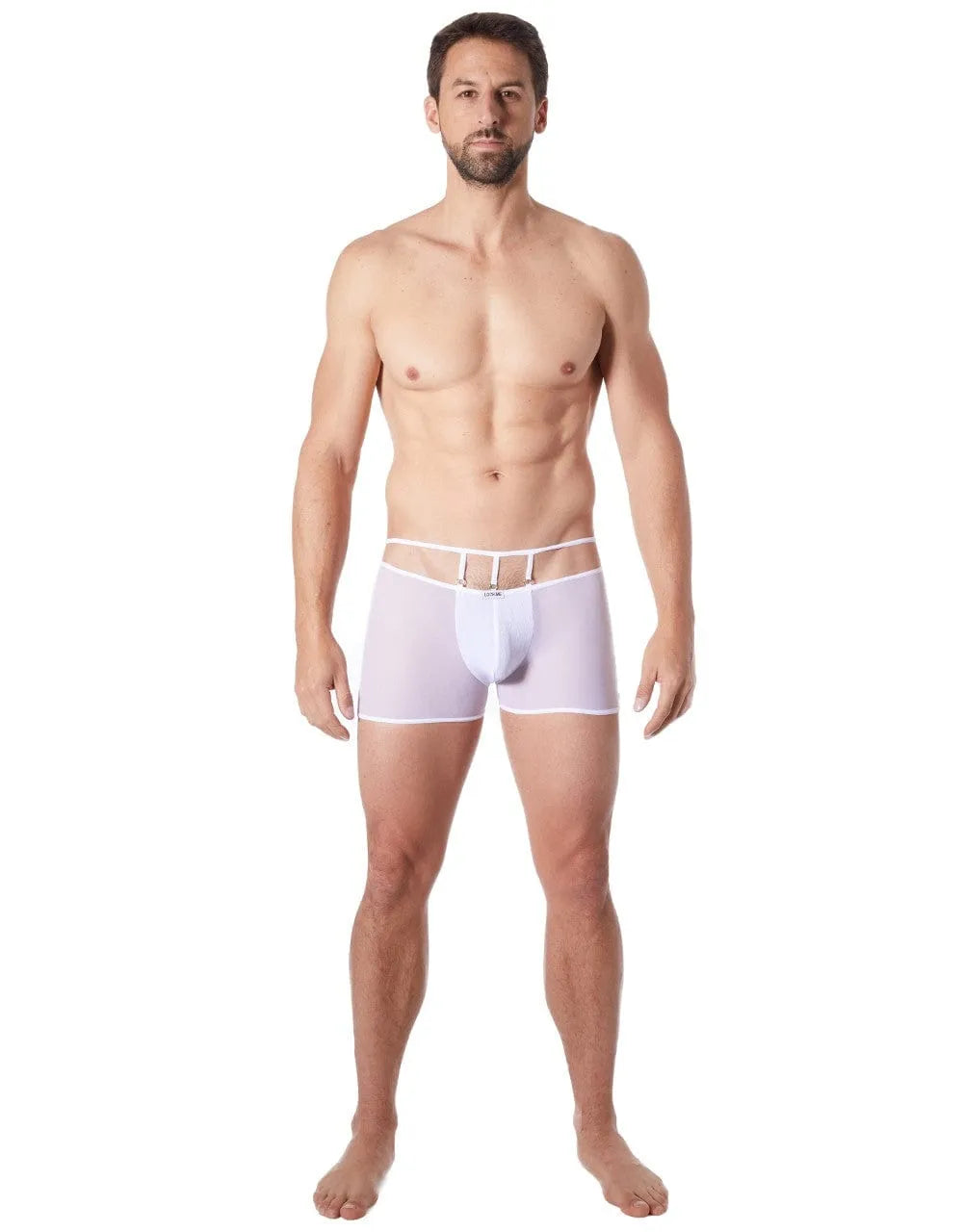 Boxer homme blanc brillant, moulant, maille fine transparente, élégant et confortable, ajustement parfait, allure glamour.